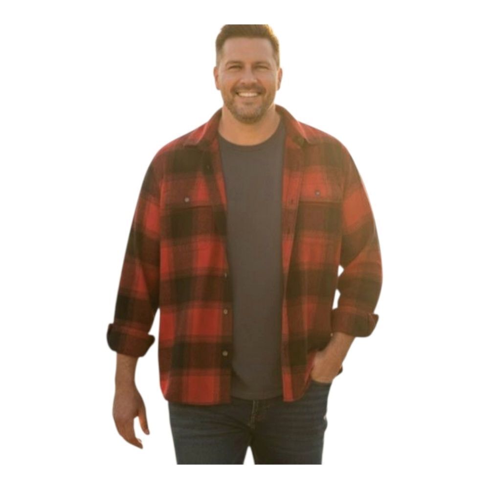 Double-Brushed Flannel Chore Shirt 100% Cotton Red Buffalo Check Men's XXL 2X